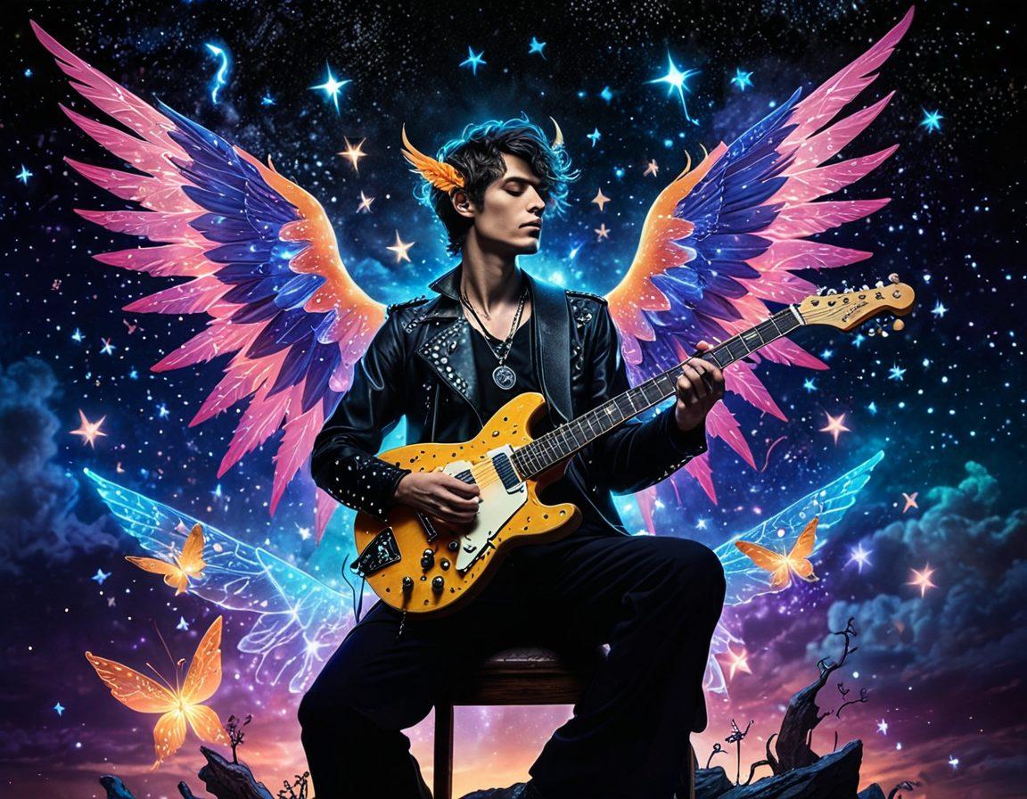 An ethereal rockstar performing under dazzling stage lights, surrounded by mystical pixie-like creatures with shimmering wings. The rockstar's guitar is adorned with enchanted symbols glowing faintly. Night sky sprinkled with constellations above the stage, merging glam rock with magical fantasy elements. vibrant colors. painting style.