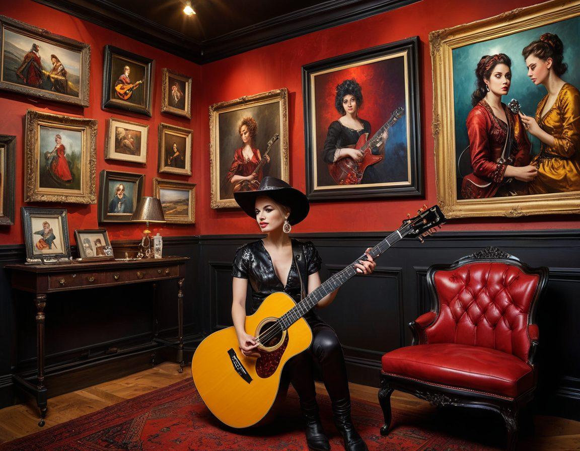 A vibrant gallery filled with diverse artwork, from classical oil portraits to edgy digital art pieces. Feature whimsical rockstar pixies with guitars and microphones, dressed in leather and sequins. Include a stylish modern interior with frames and digital screens. Reflect a fusion of traditional and contemporary art styles. dynamic and colorful. super-realistic. gallery setting.