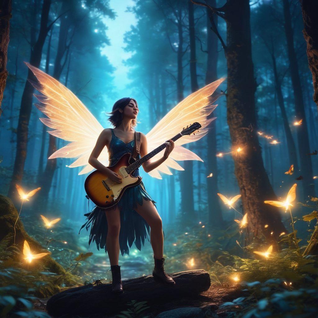 A whimsical scene capturing a rockstar with a guitar, in a moonlit forest, surrounded by dancing pixies with glowing wings. The rockstar has an energetic pose, as the pixies illuminate the scene with a magical aura. The image should have vibrant, glowing colors, emphasizing the enchantment and energy. painting. vibrant colors. fantasy style.